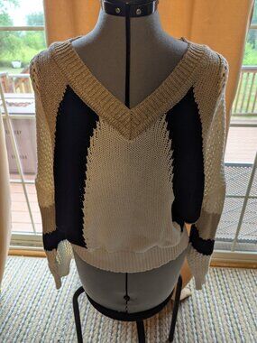 VENUS Colorblock Sweater Gold Metallic V-Neck NWOT Cream Black L
